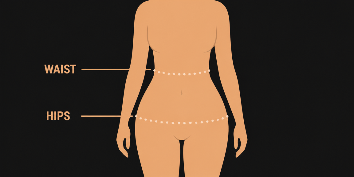 Waist-to-hip ratio measurement illustration showing waist and hip measurement locations